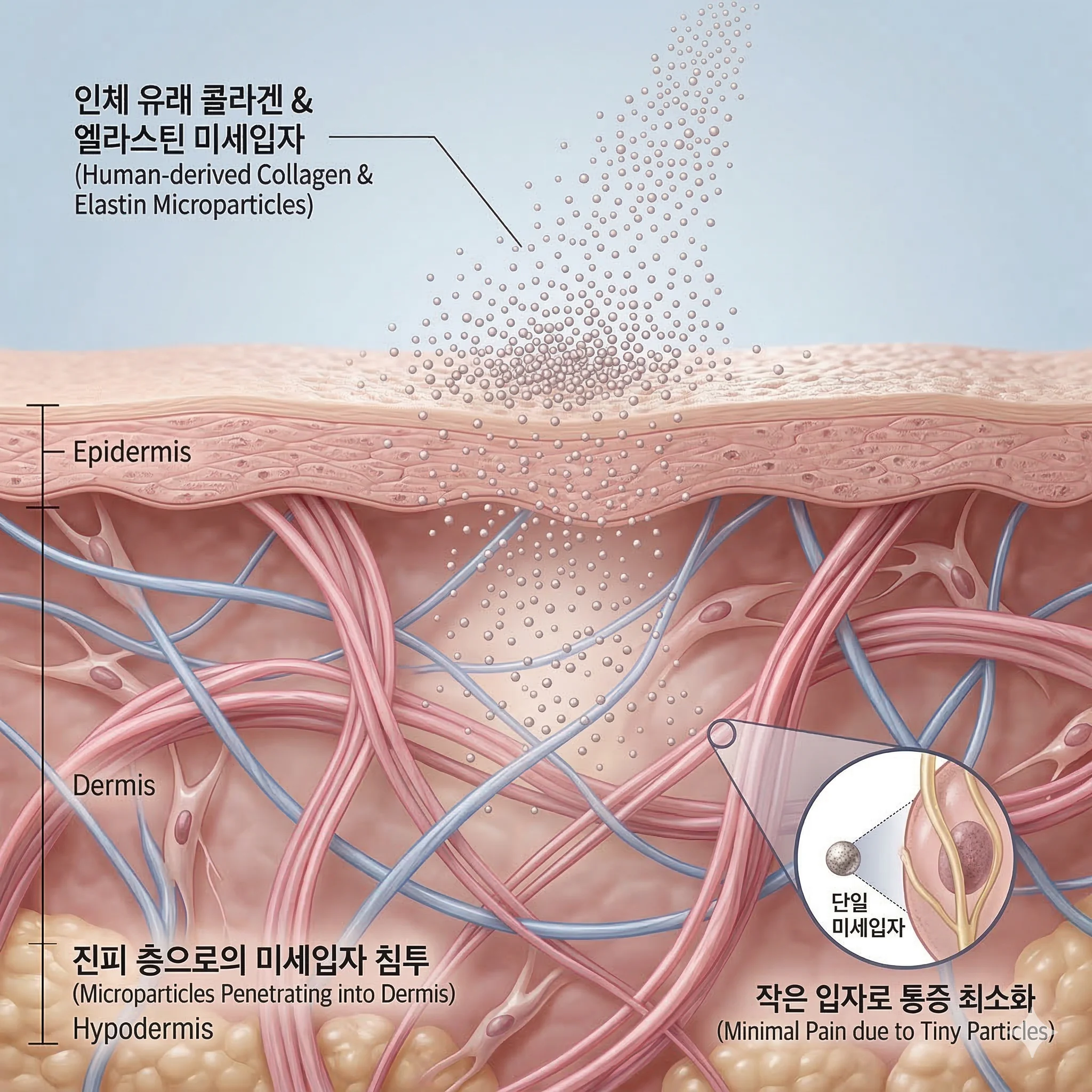 초미세 hADM 입자들이 진피 속으로 침투되는 모식도