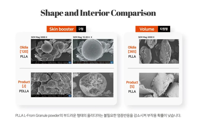올리디아와 쥬베룩볼륨, 스컬트라 입자 전자현미경 사진 비교