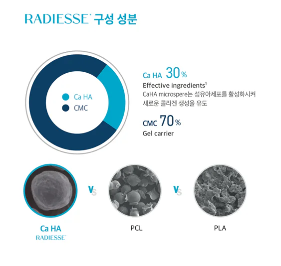 레디어스의 칼슘 성분(CaHA) 입자와 PCL, PLA 입자 비교 이미지