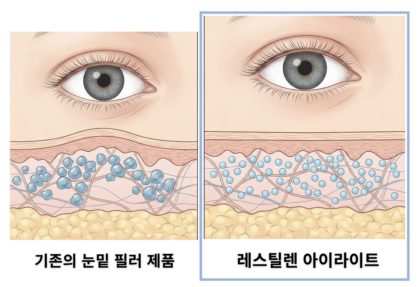 눈밑 필러 물성에 따른 뭉침 현상 차이 모식도